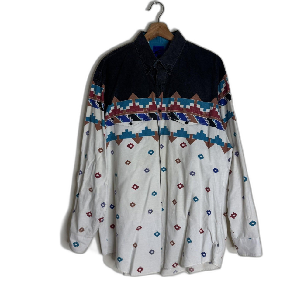Vintage Roper Shirt Mens XL Black White Southwest Aztec Western USA 90s